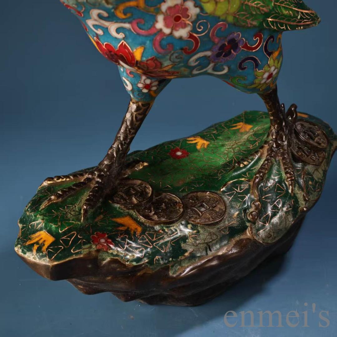 中国古美術 旧蔵 七宝焼き 琺瑯 景泰藍 公鶏一対 純銅 高浮彫鏨刻 細工 置物