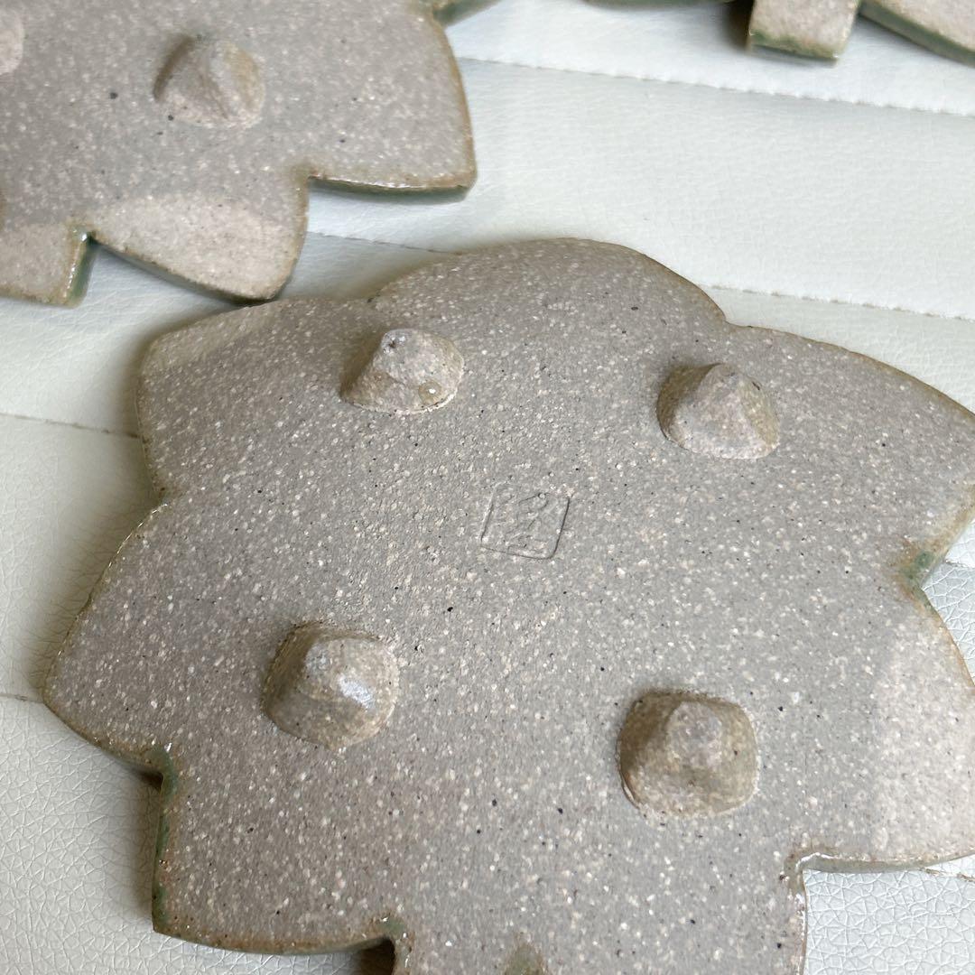 九谷焼　竹隆窯　北村隆作　紅葉型銘々皿揃　5枚　足付き　高台皿　土物　織部　緑彩