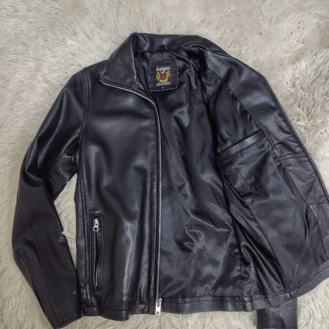 希少✨Schott ラムレザージャケット ロゴ刺繍 黒 XS
