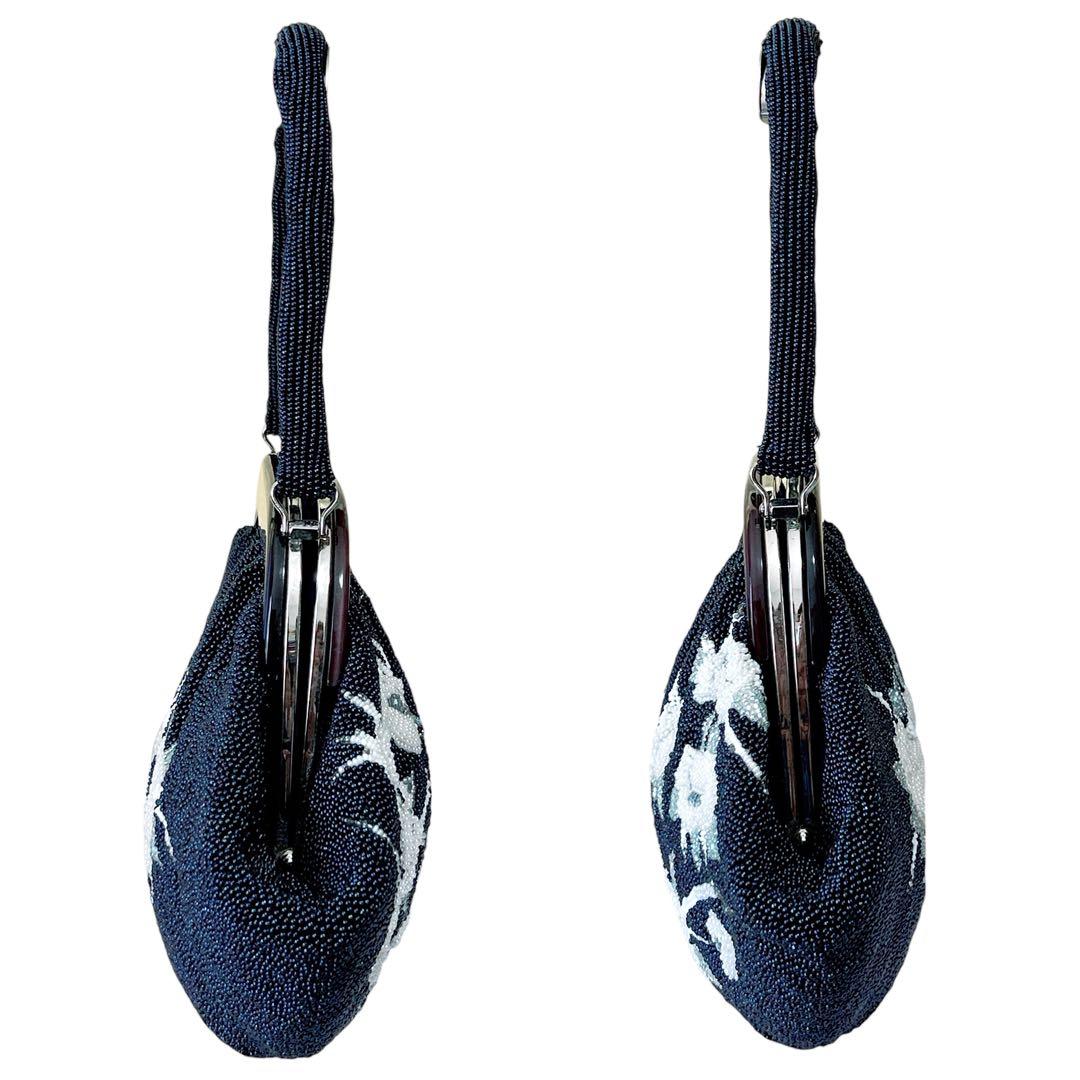 手刺繍 総ビーズバッグ 花柄 ワンハンドル がま口 和装バッグ ハンドメイド