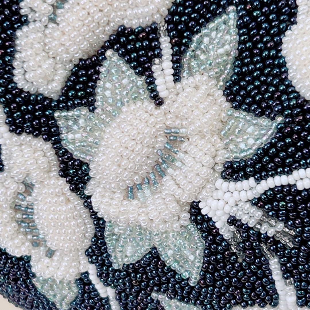 手刺繍 総ビーズバッグ 花柄 ワンハンドル がま口 和装バッグ ハンドメイド