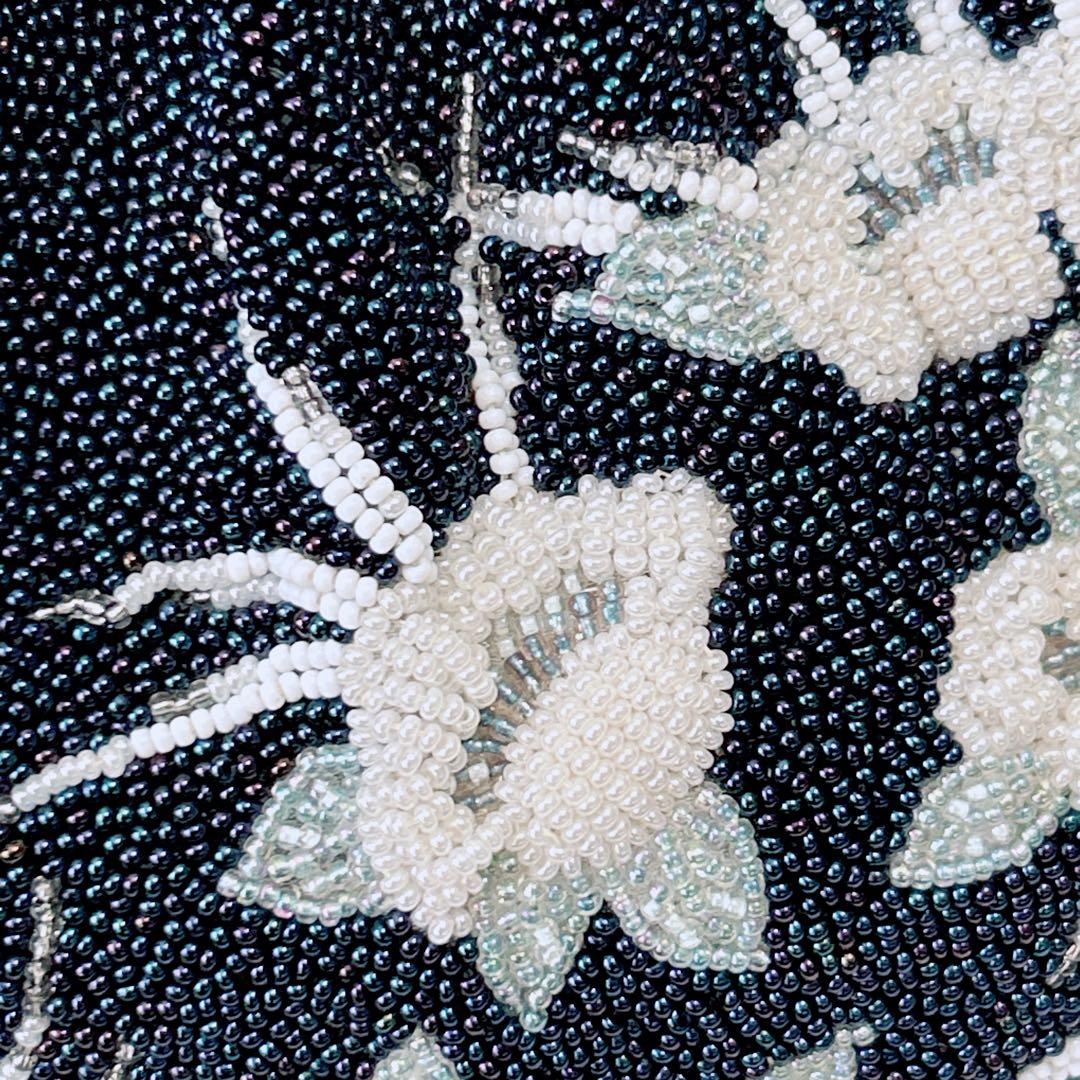 手刺繍 総ビーズバッグ 花柄 ワンハンドル がま口 和装バッグ ハンドメイド