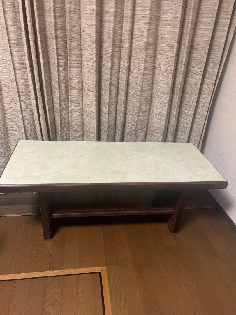 木製ローテーブル 緑色大理石調