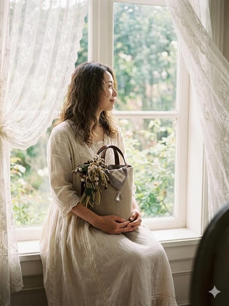 【美品】刺繍作家　森れい子さんのバケツ型バッグ/ 花コサージュ付き