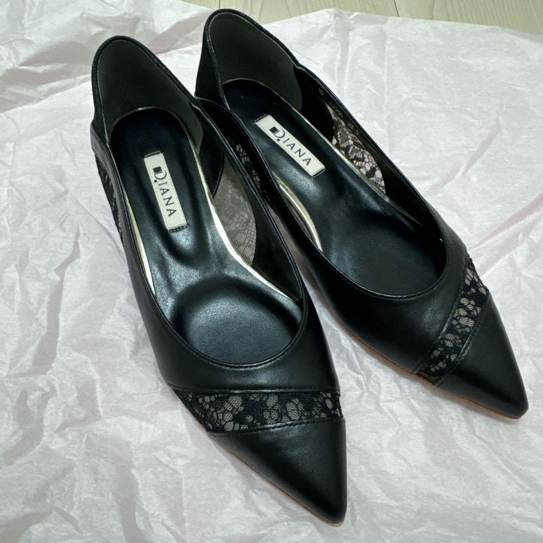 DIANA ダイアナ ブラック 黒 レースフラットシューズ 23.5