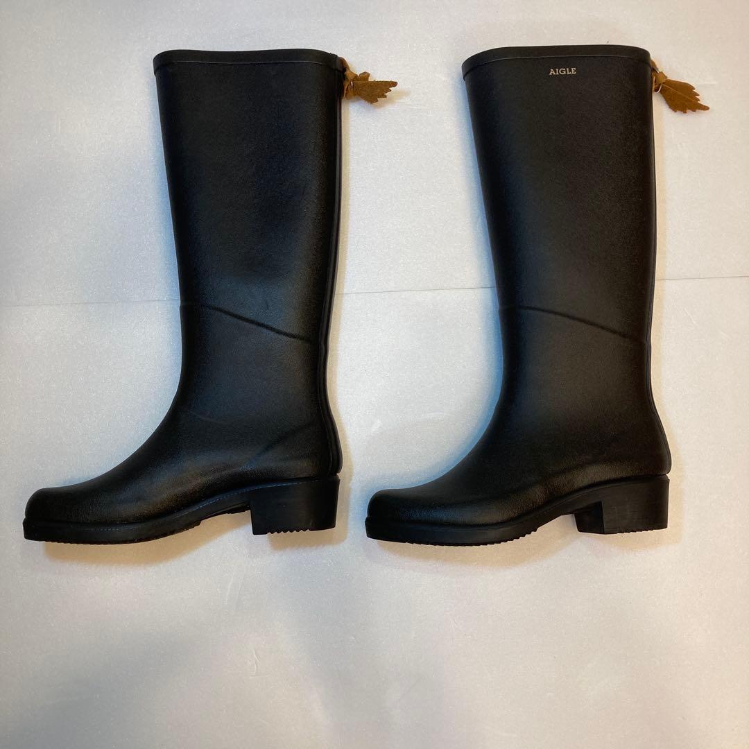 AIGLE ブラック長靴 レザー装飾付き