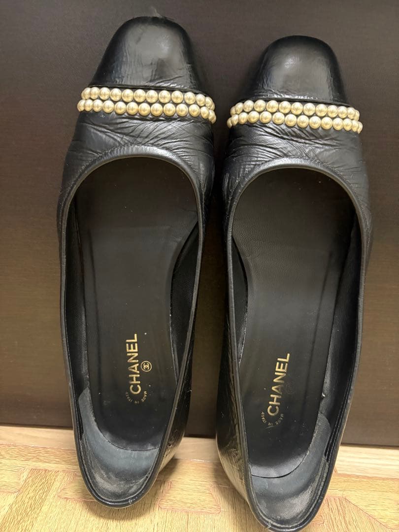 シャネル　パール付きバレエシューズ　パンプス　38 24.5cm ブラック定番