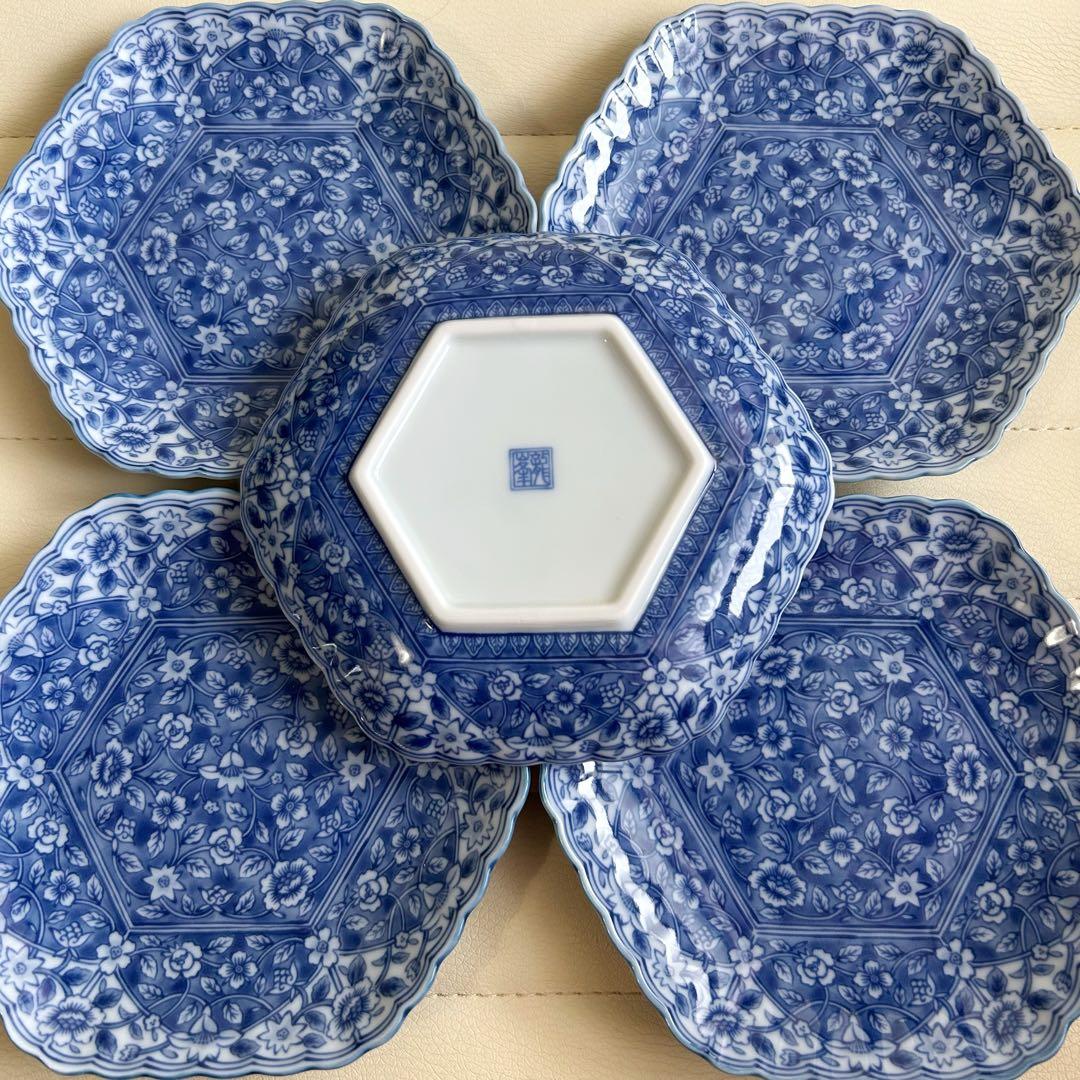 三洋陶器　龍峰窯　染付更紗　六角皿　銘々皿揃　5枚セット　中皿　和皿　花柄　輪花
