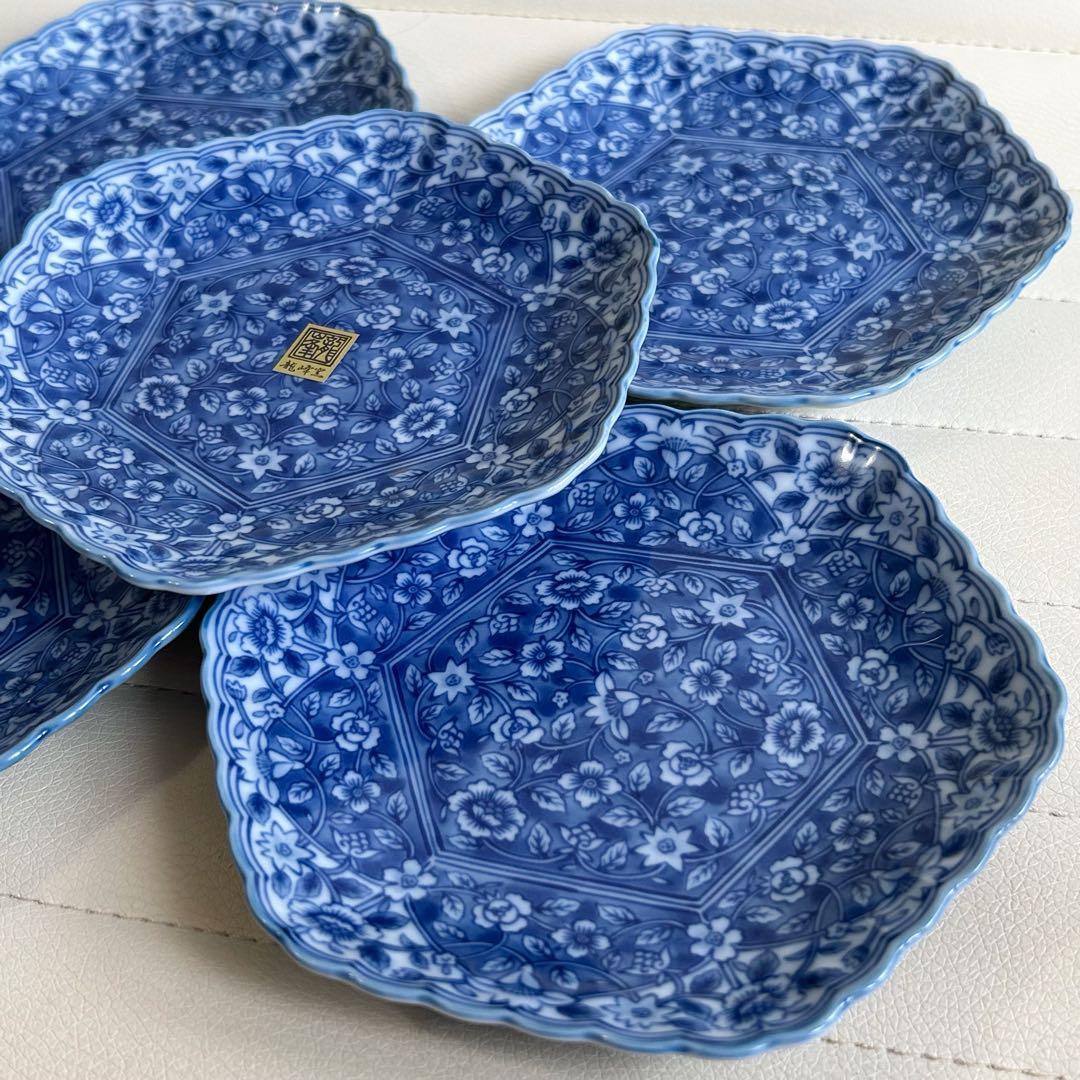 三洋陶器　龍峰窯　染付更紗　六角皿　銘々皿揃　5枚セット　中皿　和皿　花柄　輪花