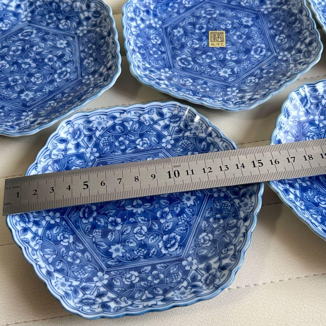 三洋陶器　龍峰窯　染付更紗　六角皿　銘々皿揃　5枚セット　中皿　和皿　花柄　輪花