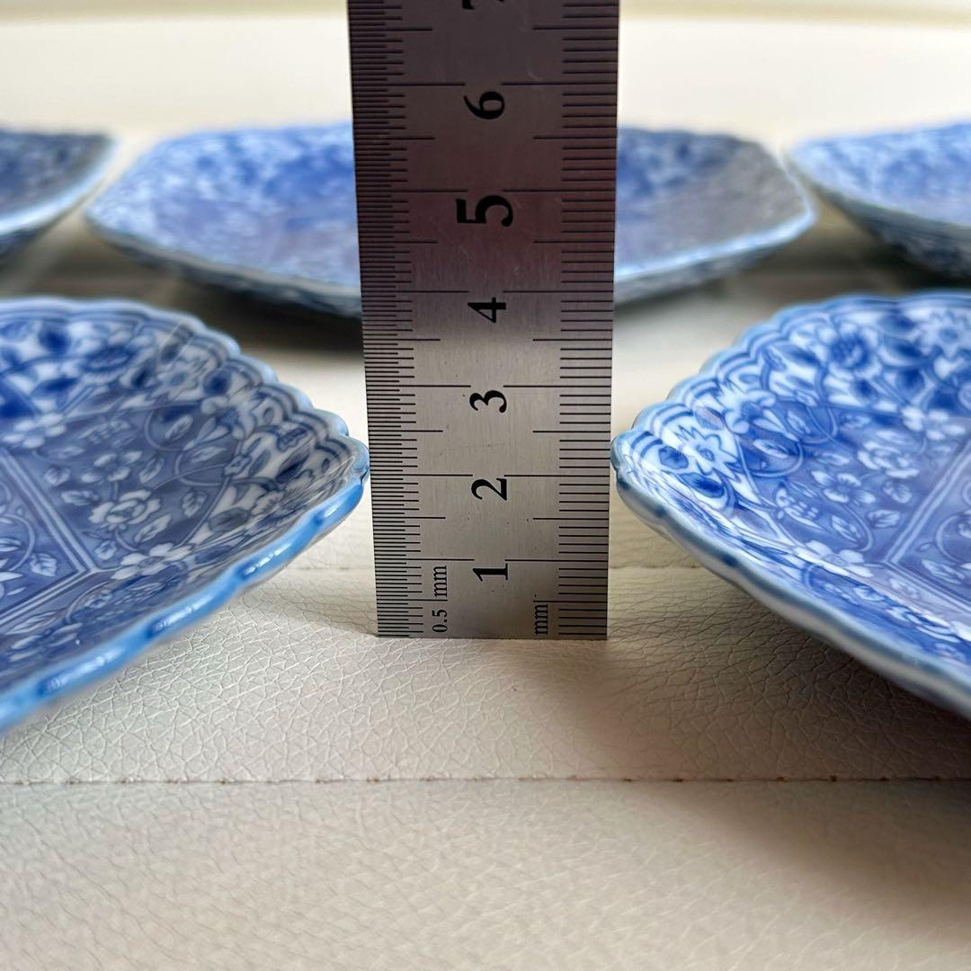 三洋陶器　龍峰窯　染付更紗　六角皿　銘々皿揃　5枚セット　中皿　和皿　花柄　輪花