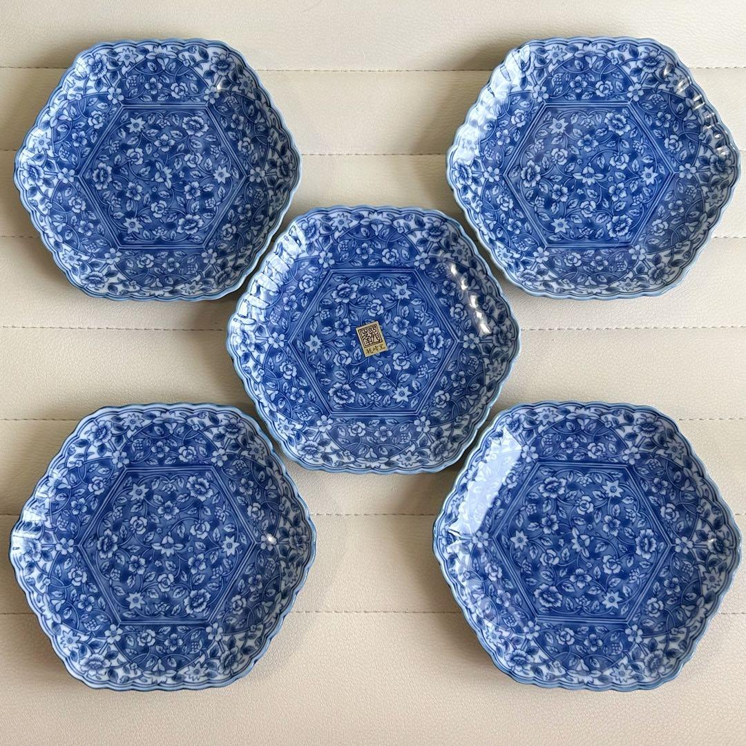 三洋陶器　龍峰窯　染付更紗　六角皿　銘々皿揃　5枚セット　中皿　和皿　花柄　輪花