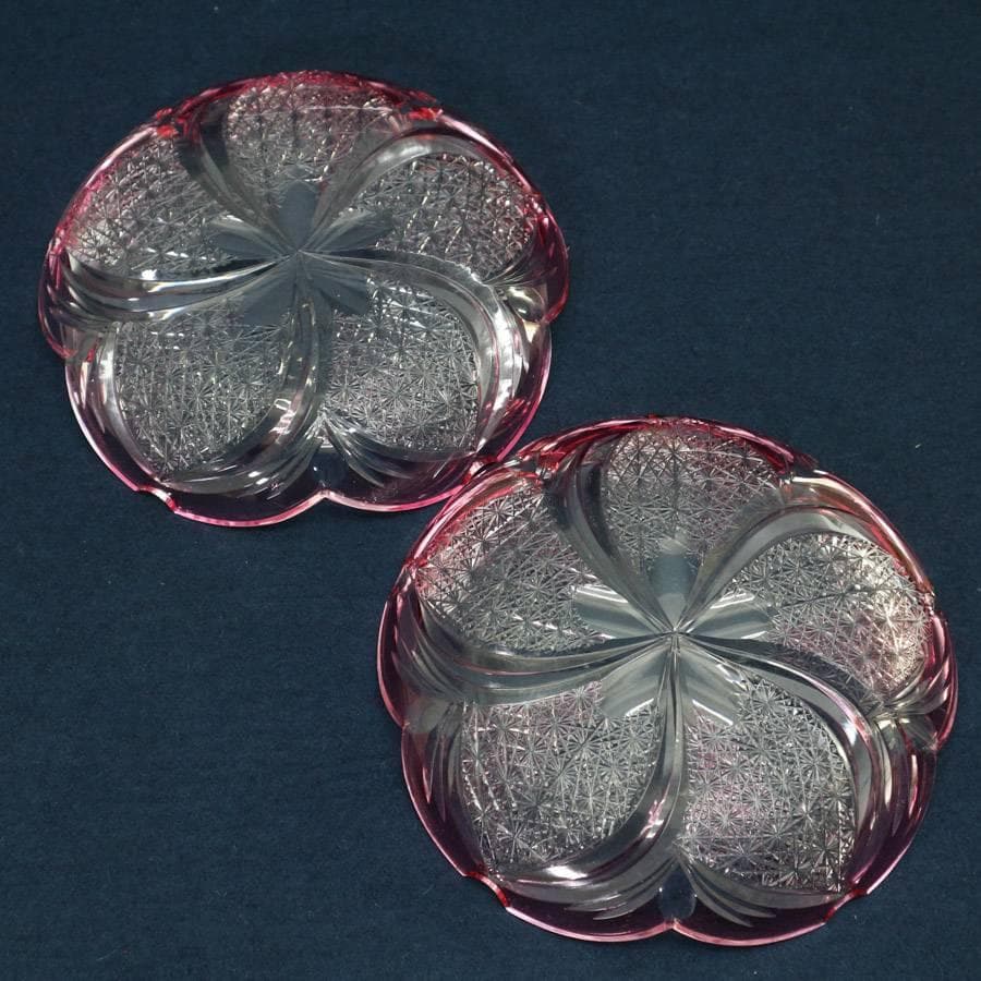 値下美品！伝統工芸 江戸切子 最高峰 瀧澤利夫作 桜 飾り皿 プレート 2枚