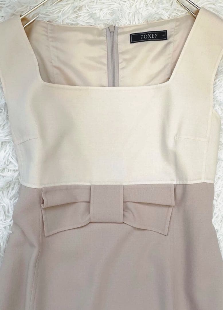 FOXEYワンピース　42 40 リボン　ベージュ　フォクシー　バイカラー　ルネ