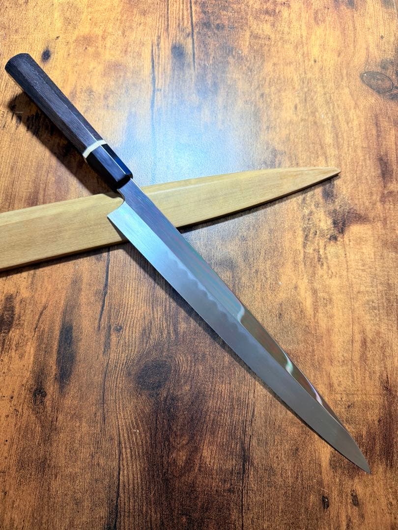 康之　本焼　刺身 柳刃　包丁　尺　鏡面　黒檀水牛八角柄　鞘付き