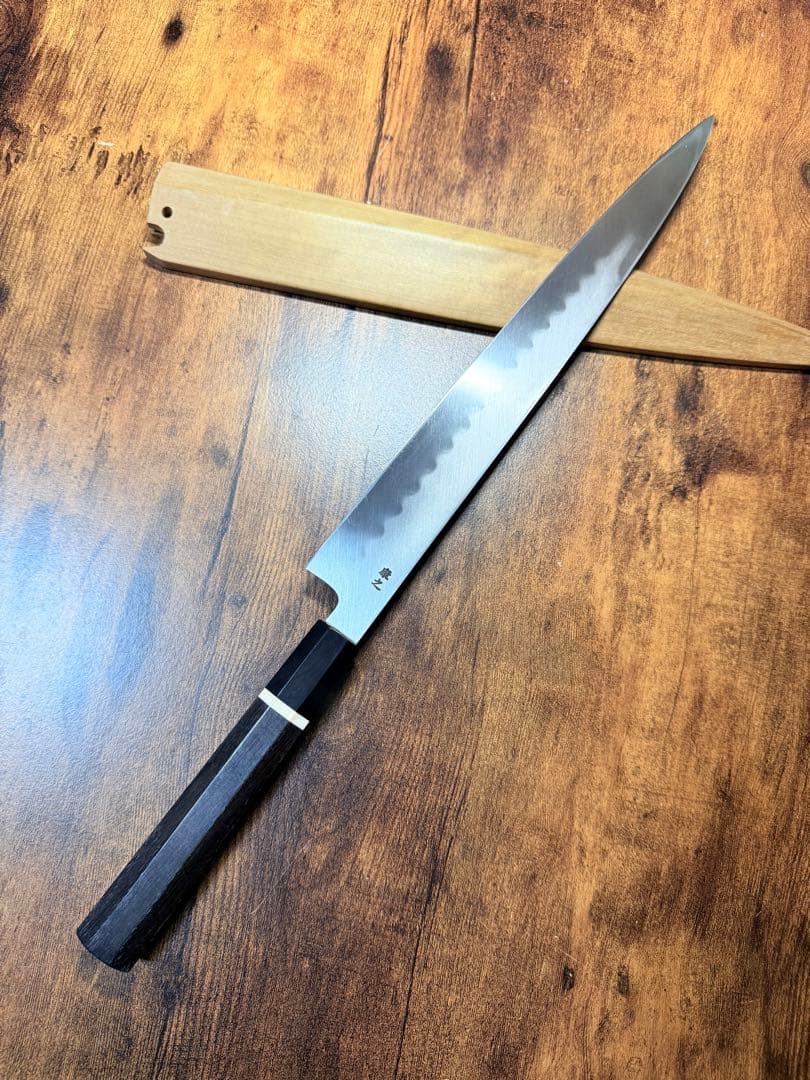 康之　本焼　刺身 柳刃　包丁　尺　鏡面　黒檀水牛八角柄　鞘付き