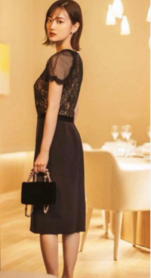 タダシショージ フラワーレース切り替えドレス ドットチュール サイズ0