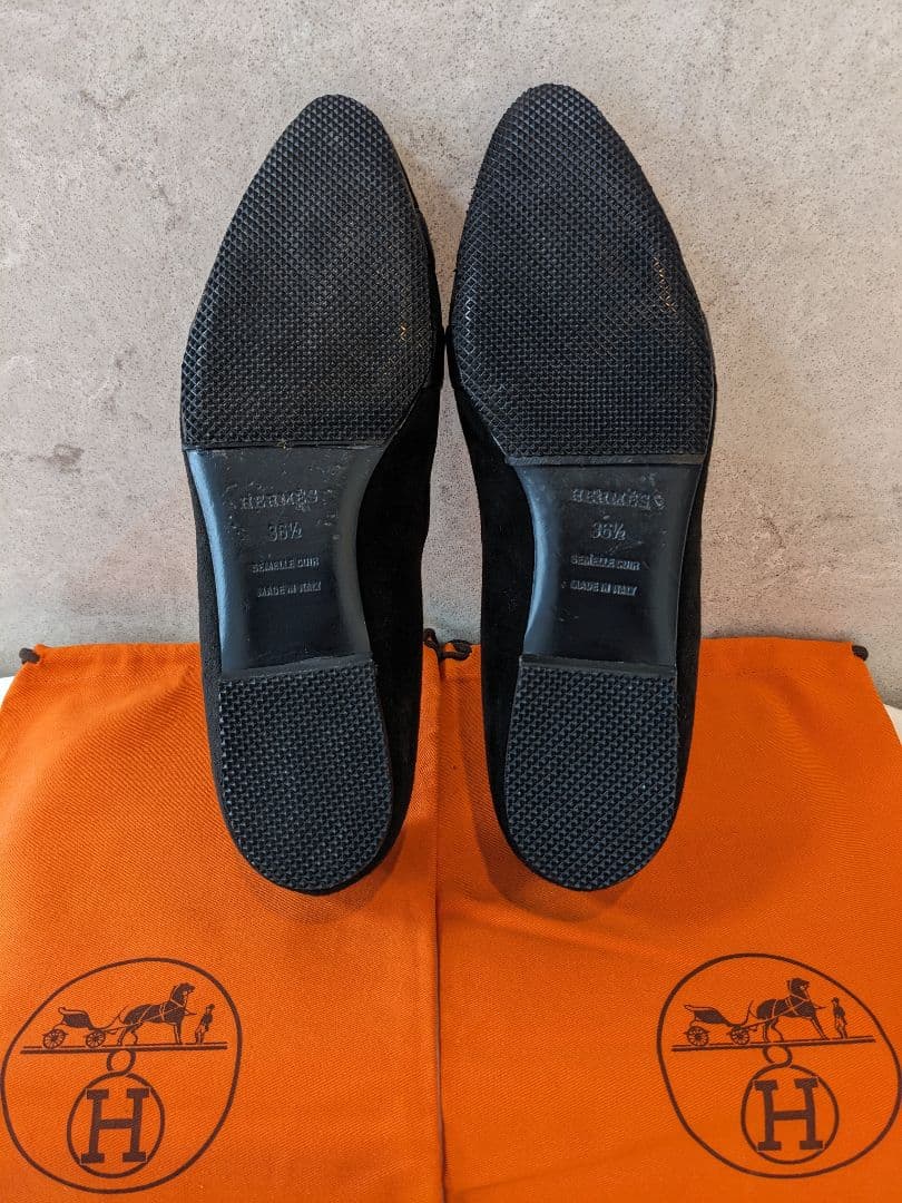 ☆HERMES☆Hロゴの牛革とバックスキン異素材のフラットシューズ黒 362/1