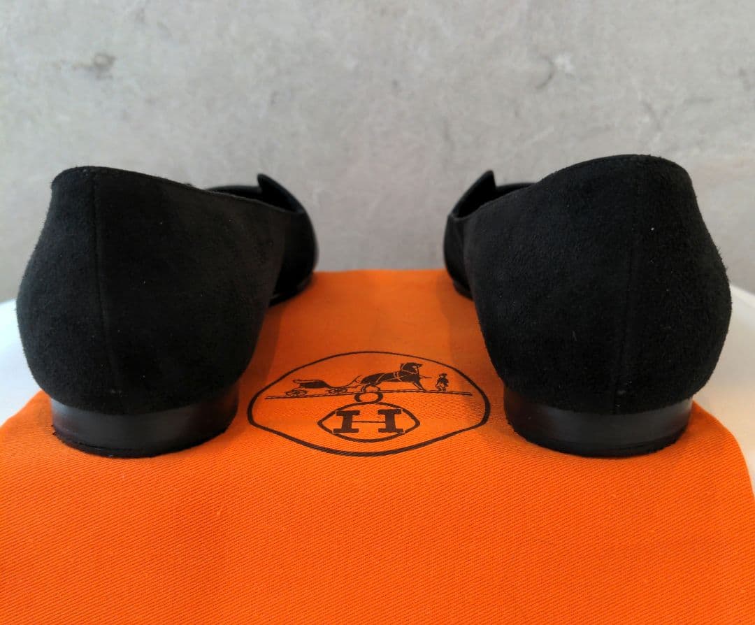 ☆HERMES☆Hロゴの牛革とバックスキン異素材のフラットシューズ黒 362/1