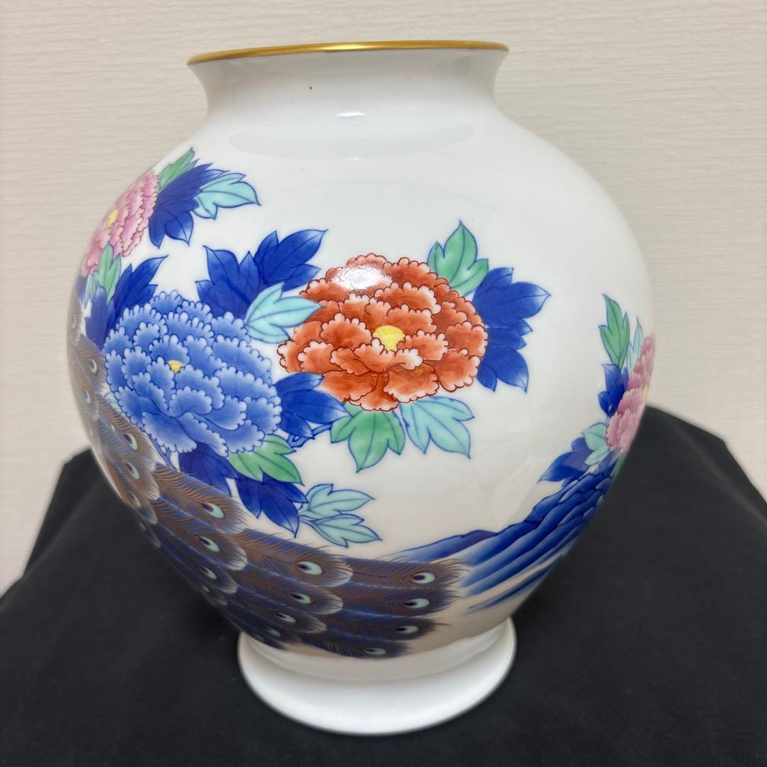 有田焼 香蘭社 色絵 染錦花鳥図 孔雀 牡丹 花瓶 花入 花器