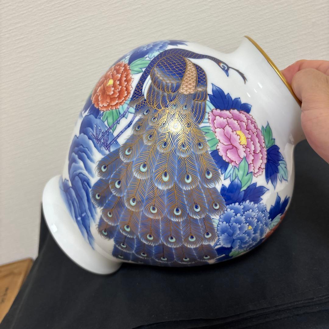 有田焼 香蘭社 色絵 染錦花鳥図 孔雀 牡丹 花瓶 花入 花器