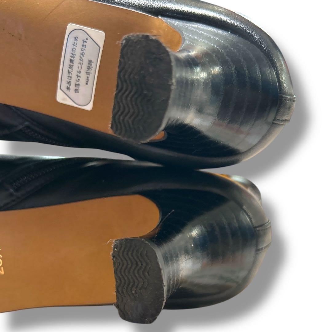 エレガンス卑弥呼 ショートブーツ サイドジップ リボンベルト 25.5 本革黒