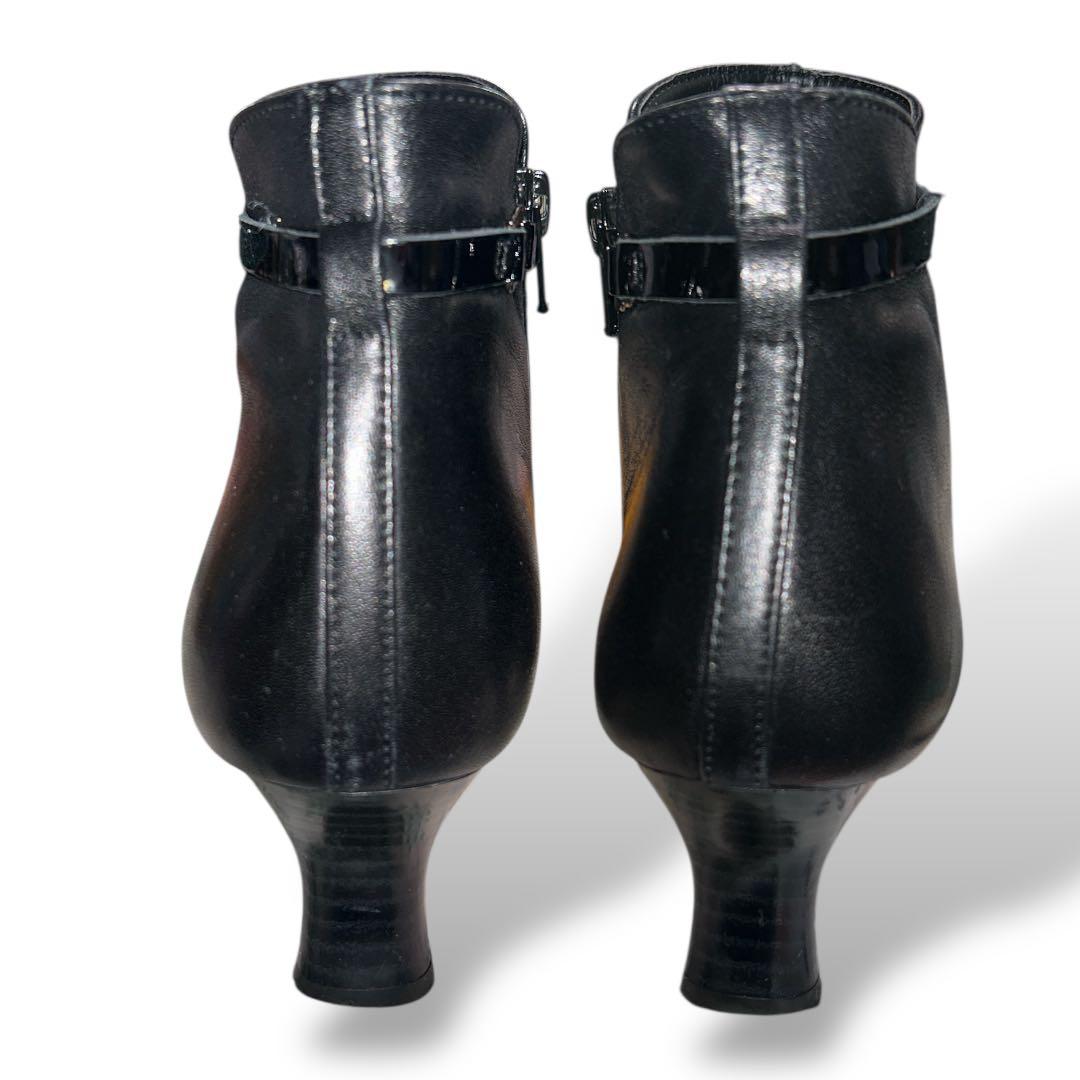 エレガンス卑弥呼 ショートブーツ サイドジップ リボンベルト 25.5 本革黒