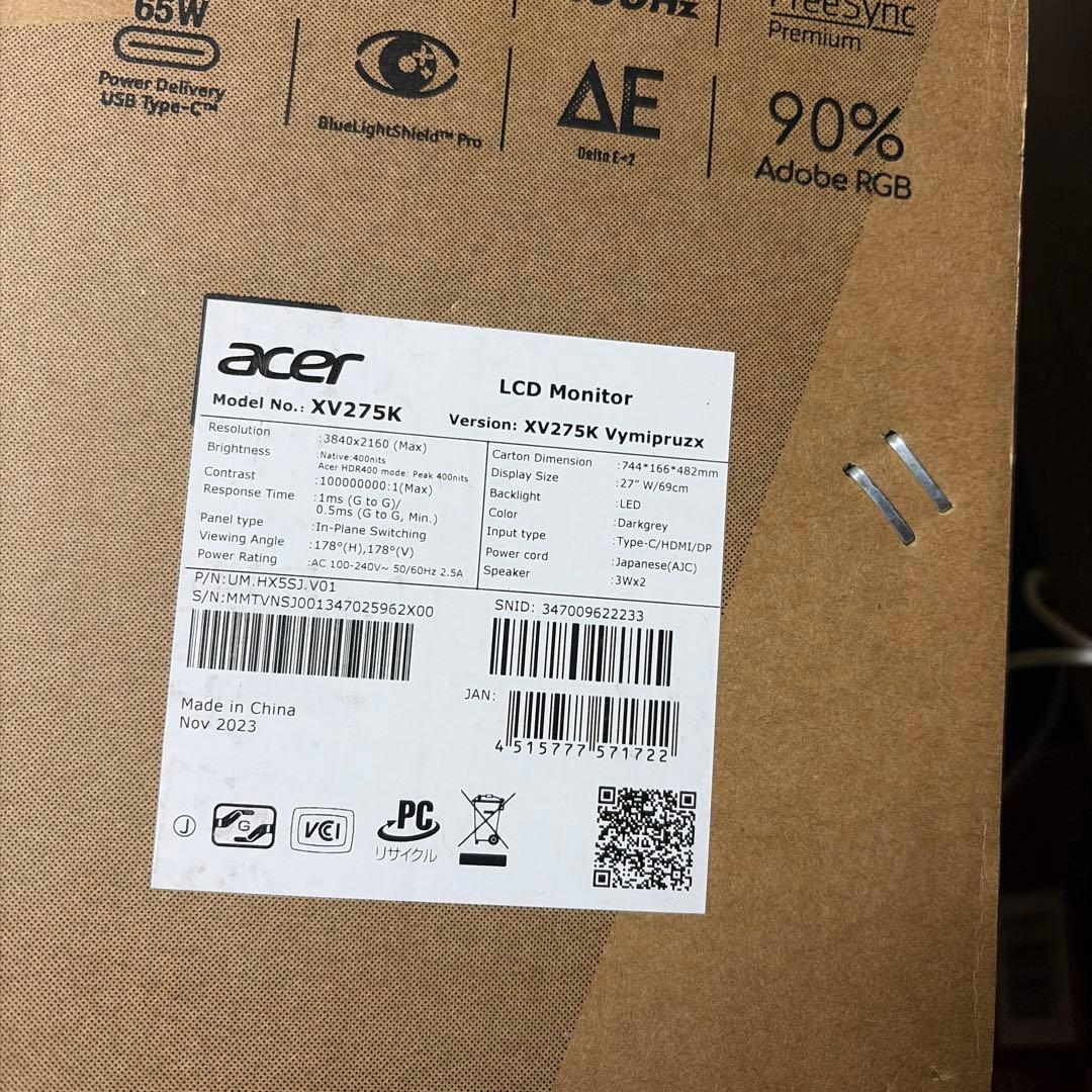 acer 4K160Hz ゲーミングモニター