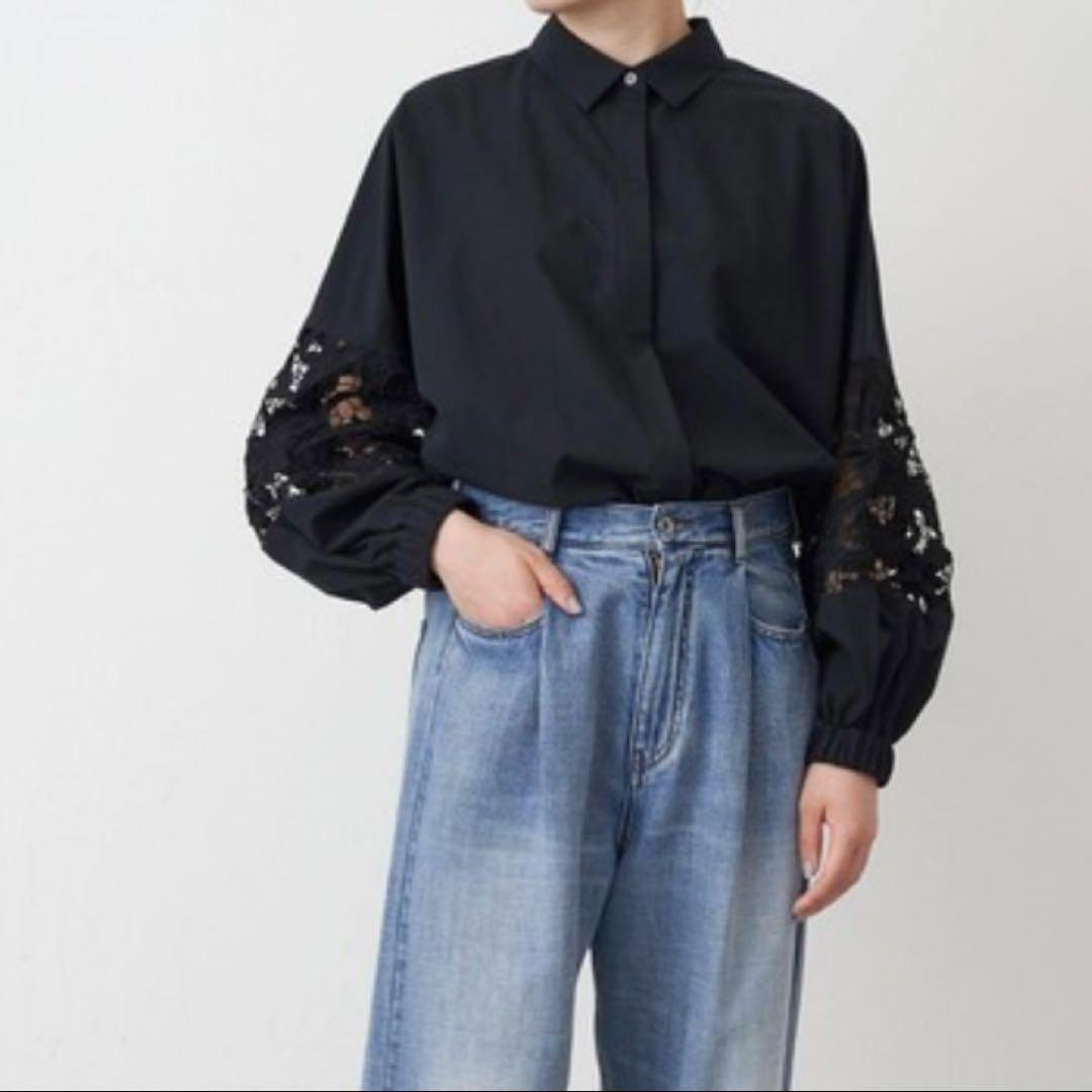ビアズリー袖レースシャツブラックサイズフリー22AW