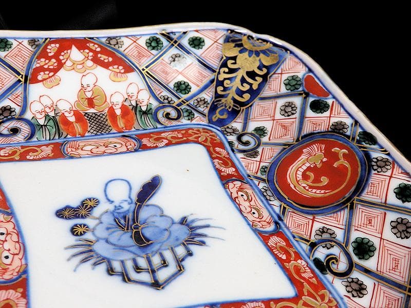 大聖寺伊万里　金襴手　団龍紋に仙人の図　四方皿　５枚　E076AS-BSx