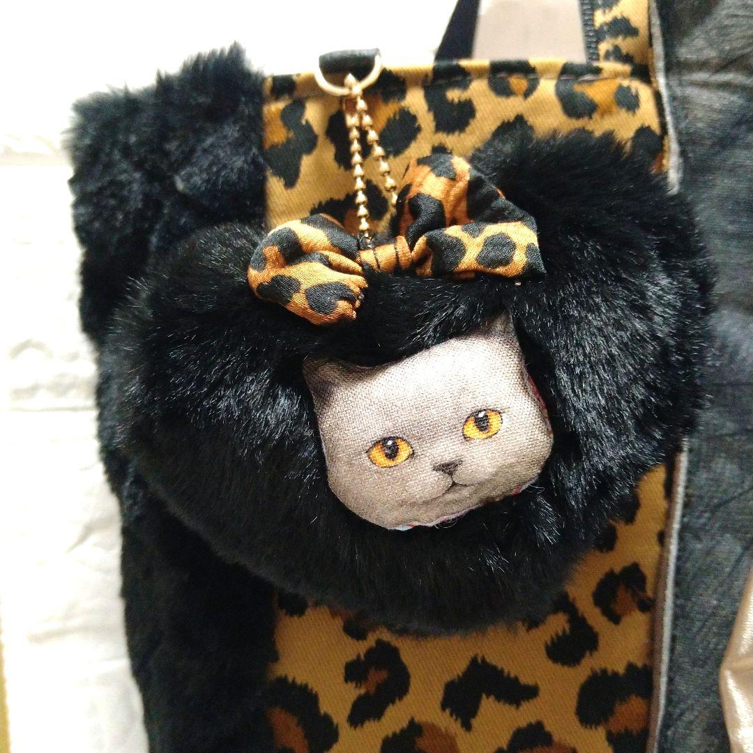 ゆ*ら様 コヤンイサムチョン☆横長トートバッグ　ヒョウ柄&ボアキルトパール　黒猫