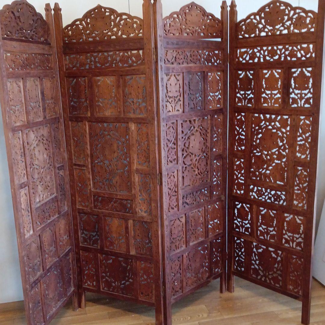 アンティク アジアン手彫り屏風工芸品