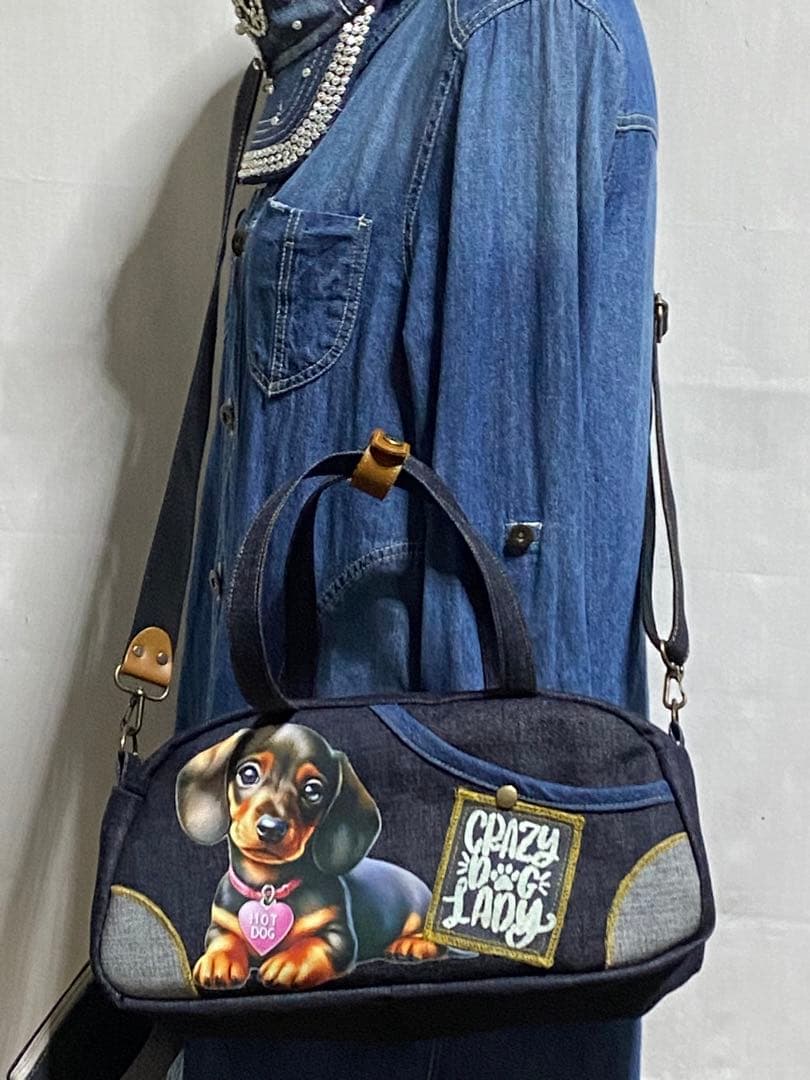 ハンドメイド☆岡山デニム☆ダックスフンド☆3way横長ボストンバッグ
