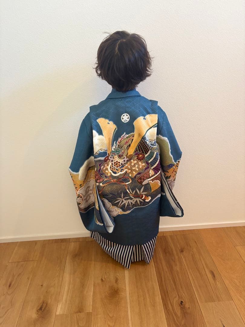 子供用 兜　刺繍 和装 青色　兄弟　リンクコーデ