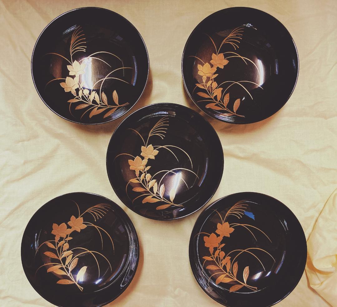 【値下げ】 京蒔絵 牡丹 ぼたん 蒔絵 溜塗 蓋付椀 【5客】