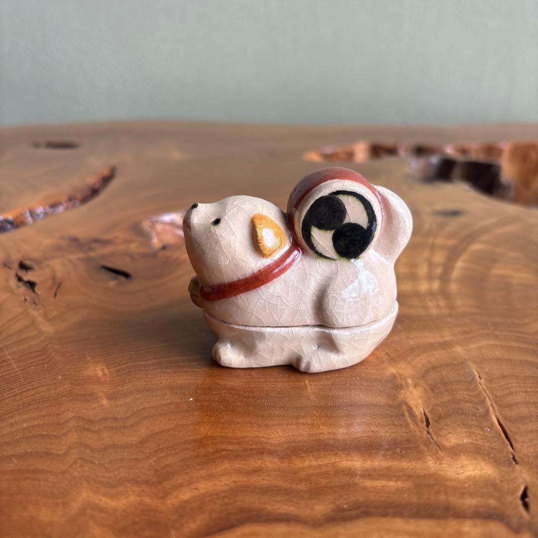 干支香合 太鼓 子犬 戌年 伊東桂楽造 楽焼 茶道具 共箱