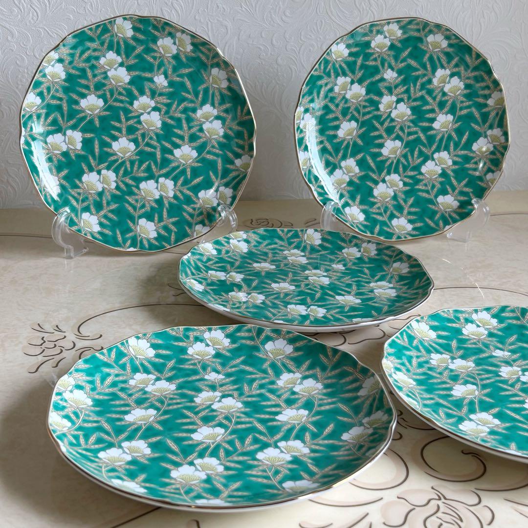 有田焼　明国窯　金彩花文様　輪花　古伊万里　中皿　5枚セット　銘々皿　大皿　色絵