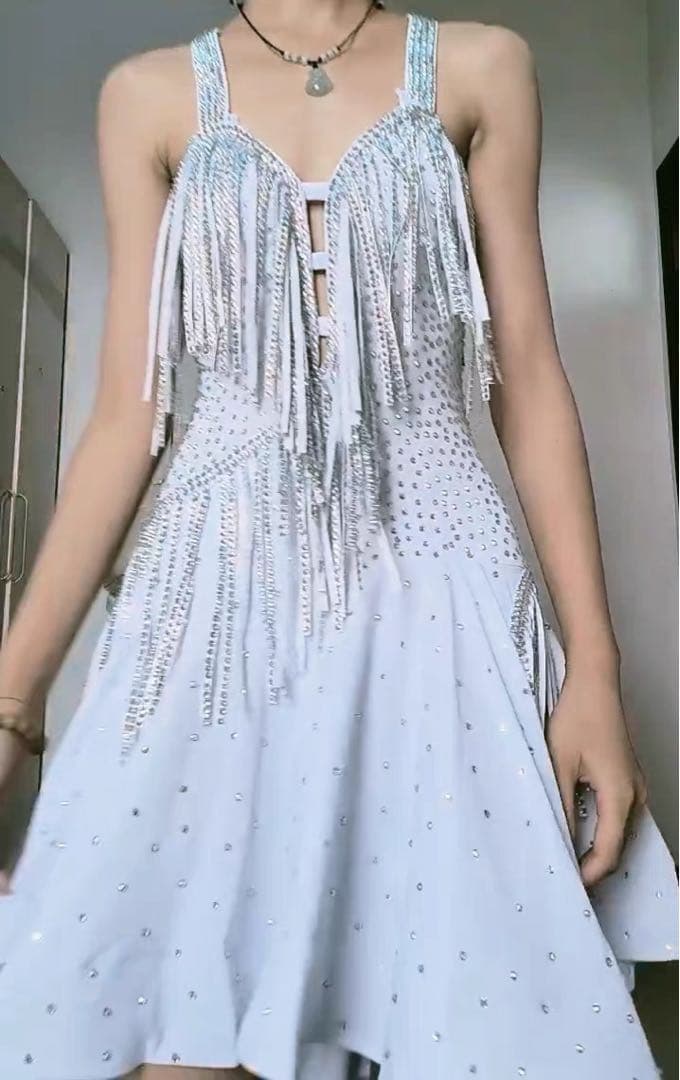 ホワイト フリンジ ダンスドレス 社交ダンスラテンダンス大会 試合 パーティー