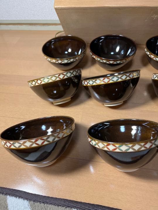 657 清栄寺窯 杉田祥平　天目色絵七宝画　茶碗　9客　未使用　　　有田焼