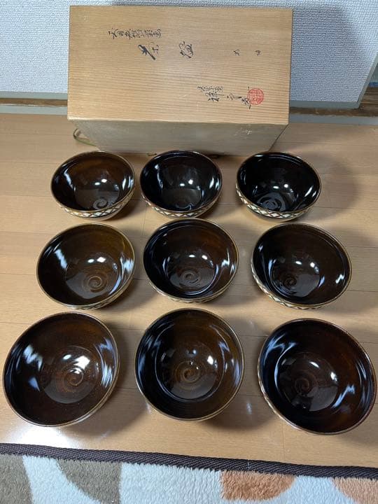 657 清栄寺窯 杉田祥平　天目色絵七宝画　茶碗　9客　未使用　　　有田焼