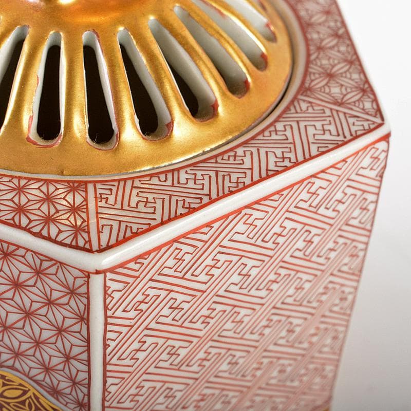 茶道具　九谷焼　西野昭弘　昭月造　本金赤細書小紋　香炉　共箱　U　R6040