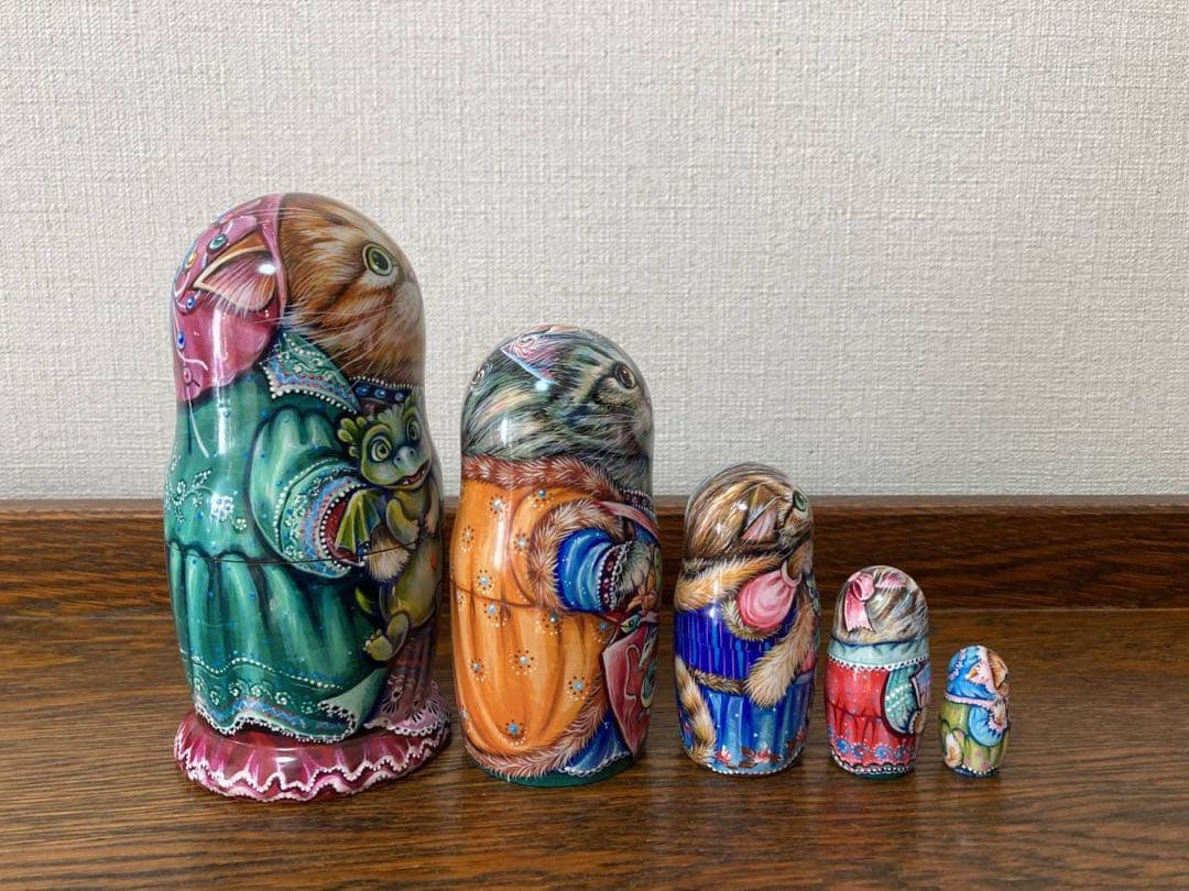 ロシア雑貨ネコマトリョーシカ『干支』｛5P)ドラゴン 龍 辰 猫 縁起物 ミラ作