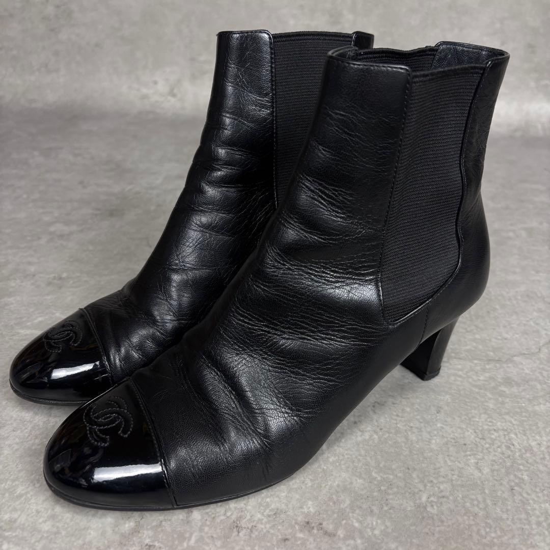 シャネル　CHANEL ココマーク　レザー　サイドゴア　ブーツ　ブラック　38C