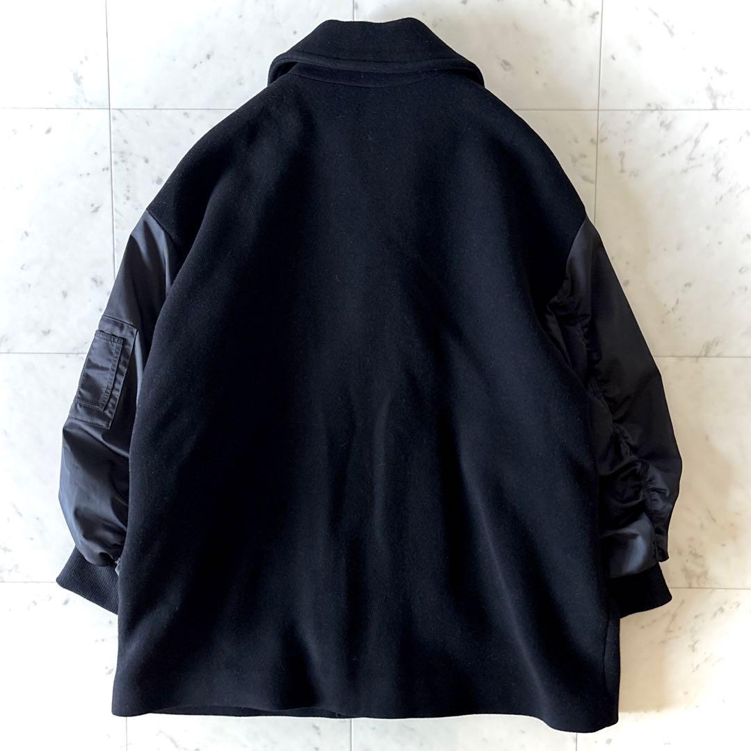 美品 ダーマコレクション 異素材切替 ウールコート ブラック 13AR ゆったり