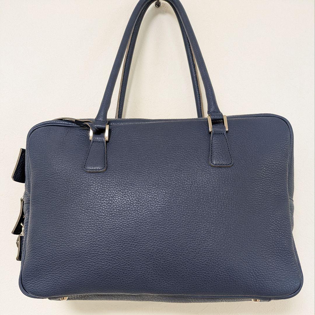 madam H マダムエイチ本革レザー ボストンバッグ ネイビー青系 シボ革