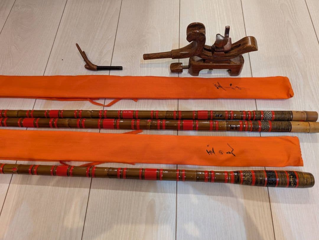 春駒作　竿掛け二本物　春駒作　タモの柄　一本物　万力セット