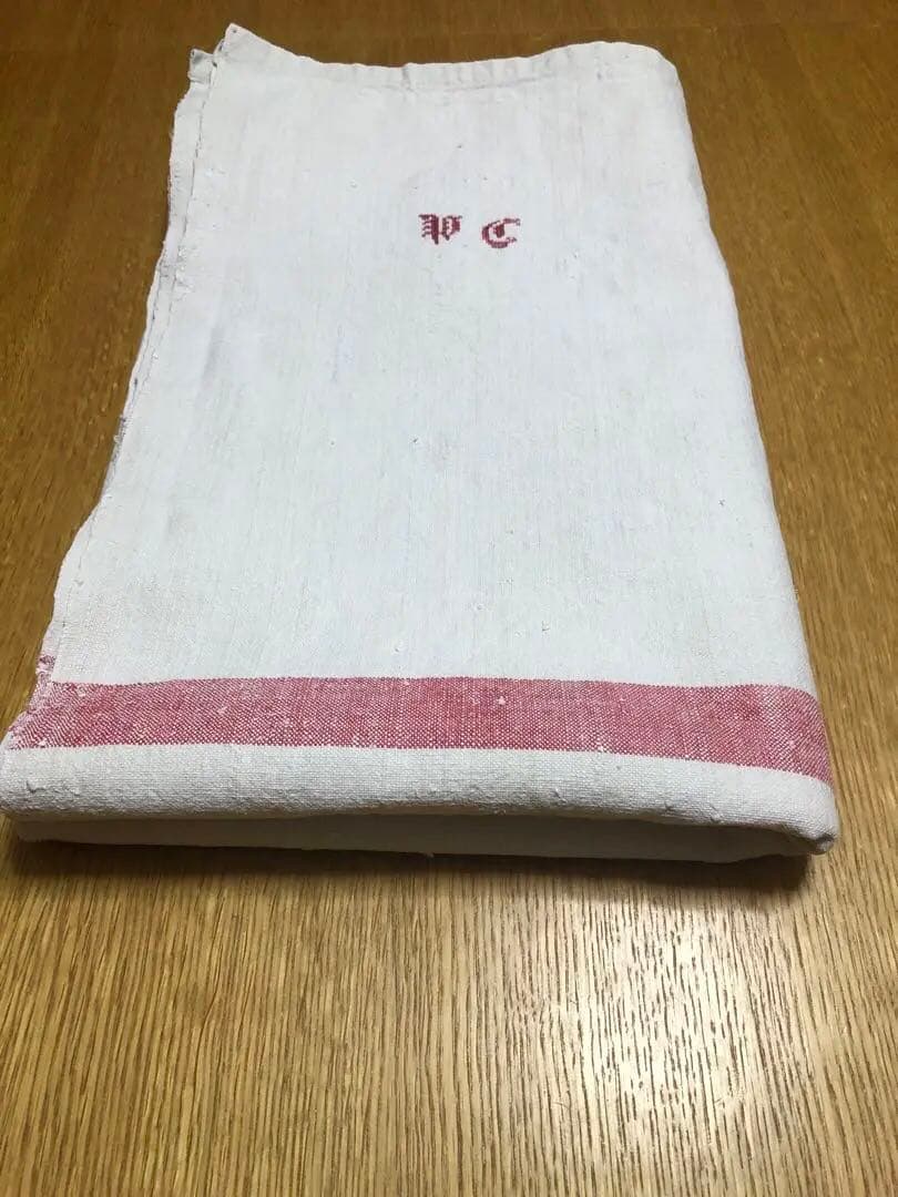 アンティーク　フランス　リュスティックなシャンブル麻大判テーブルクロス　839g