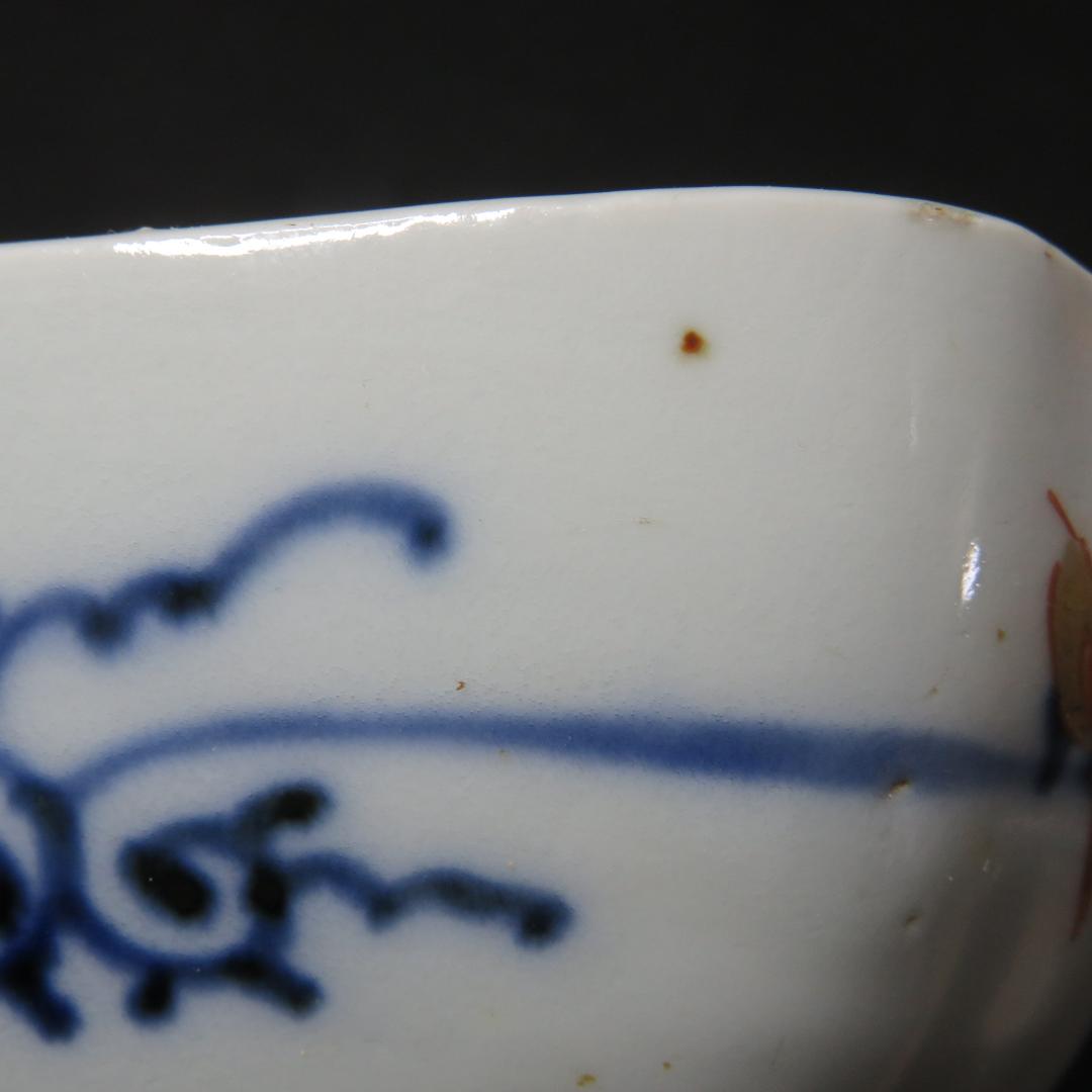向付 小鉢 4客 色絵 角鉢 壽 瓢箪 花柵 唐草 古伊万里 窯傷