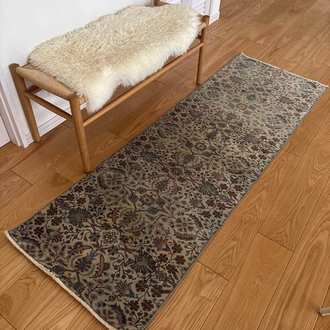 トルコ　ヴィンテージラグ　ランナー　ブルーグリーン193×63