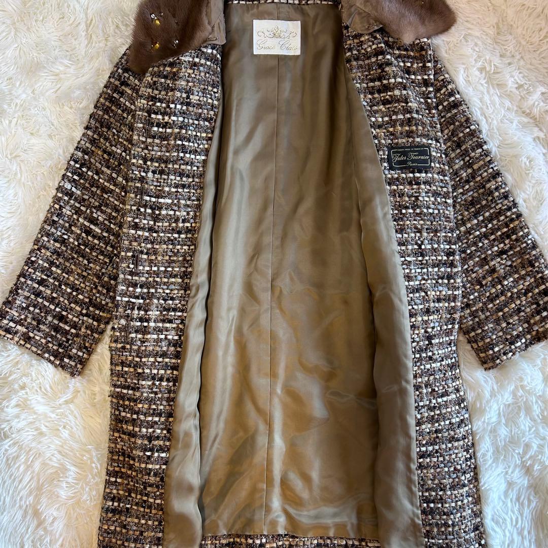 ￼ 【美品】グレースクラス ビジュー付ミンクファー　ツイードノーカラーコート